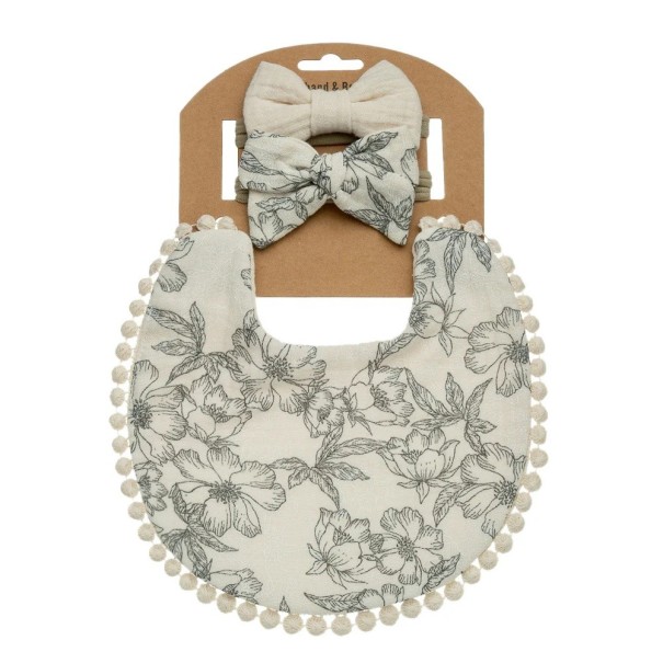 Bavaglino beige con disegno a contorno di fiori e due elastici con fiocco per neonati Set 3 pezzi Retro beige Dimensioni 17,5 x 17 cm Pomponcini 1