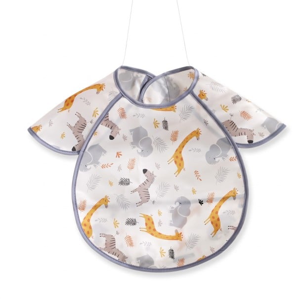 Baveta pentru bebeluși 30 x 25 cm Albă cu girafe, zebre și elefanți printre frunze Mânuși pe umeri Buzunar ascuns pentru firimituri și margine gri-albastră 1