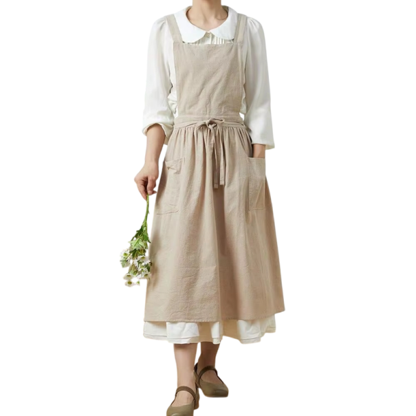 Bavlnainen pellavainen esiliina vintage 98 x 88 cm Puutarhatyöesiliina ilman hihoja taskuilla Keittiöesiliina retro-tyylillä Beige