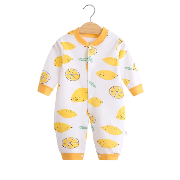 Bavlnenes Body mit langen Ärmeln und Zitronenmotiv Weißer Baby-Overall für Neugeborene V-Ausschnitt Druckknopfverschluss Babykleidung 0-3 Monate