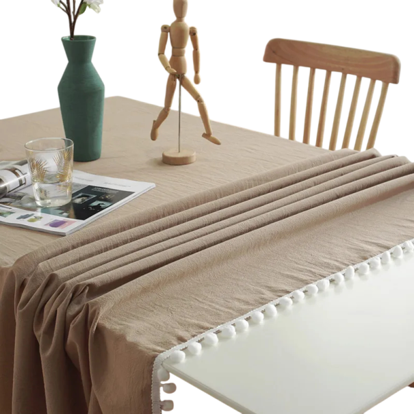 Bavlněný ubrus se střapci ve tvaru kuliček 60 × 60 cm Pratelný dekorativní ubrus s šitým okrajem na stůl pro svatební hostinu večírek banket béžova