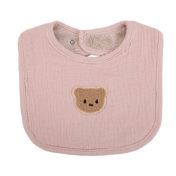 Bavoir et bavoir à bavouille avec écusson d'ours Dimensions 19 x 19 cm Coupe ronde avec bordure et découpe pour le cou Fermeture rose