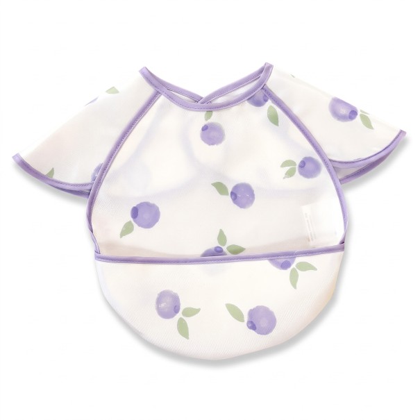 Bavoir pour enfant à enfiler 30 x 25 cm avec poche pour attraper les restes Fond crème avec des myrtilles violettes et des feuilles Bordure violette 1