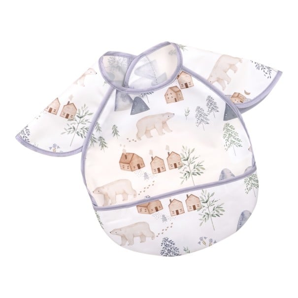 Bavoir pour enfant pour chaise haute 30 x 25 cm Blanc avec des ours polaires et des maisons en bois Manches sur les épaules Bord bleu-gris et poche à miettes 1