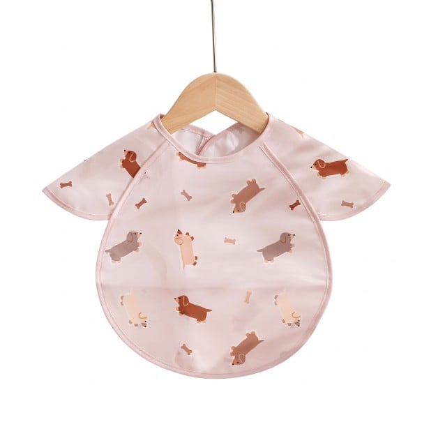 Bavoir pour enfants 30 x 25 cm Rose avec motif de teckels et de petits carreaux Manches sur les épaules Poche cachée pour miettes et restes de nourriture 1