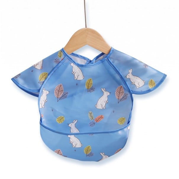 Bavoir pour enfants avec manches 30 x 25 cm Bleu avec des lapins blancs et des feuilles colorées Protection sur les épaules Poche pour miettes et bord inférieur arrondi 1