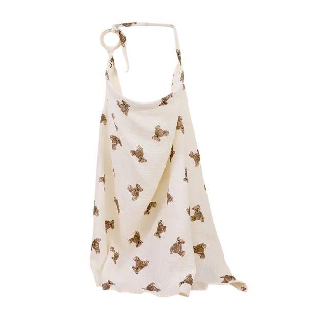 Bawełniany muślinowy fartuch do karmienia 100 x 60 cm Biały z nadrukiem misia Osłona ochronna dla mam i dzieci Wygodne karmienie 1