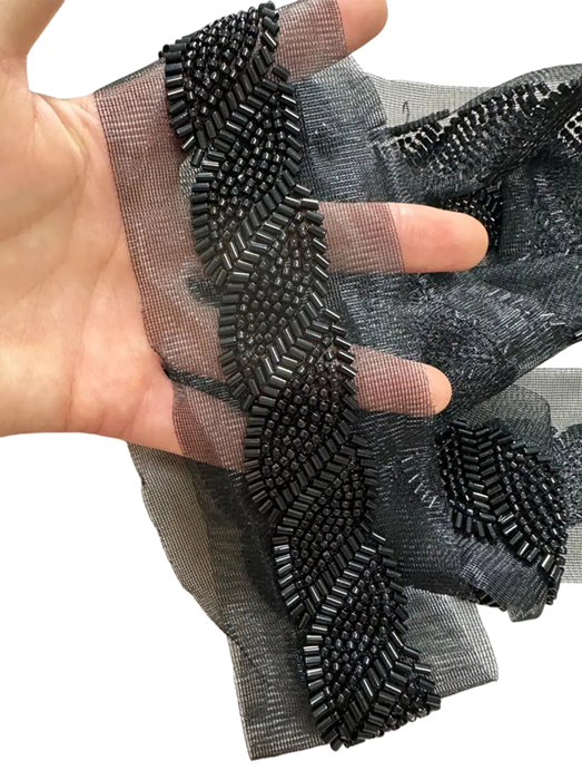 Beaded Lace with Mesh Edging 3 cm x 90 cm Decorative Lace Ribbon with Beads for Decorating Dresses, Garments, Costumes, Textiles black