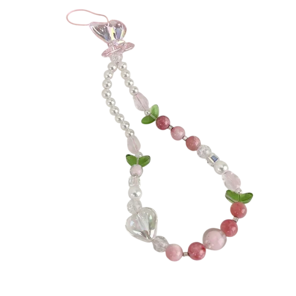 Beaded Phone Pendant with Heart Pearls and Pink Beads Mobile Chain Phone Strap Backpack Camera Decoration 1