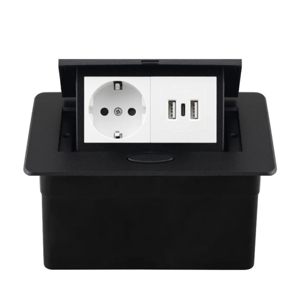 Beépített kihúzható aljzat 1× EU + 2× USB A + 1× USB C 153 × 117 mm alumínium burkolat 250 V lassú kihúzással a munkalapba fekete és fehér