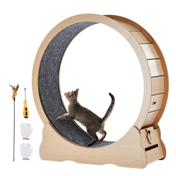 Běhací kolo pro kočky dřevěné odnímatelný koberec průměr 110 cm šířka běhu 28 cm 1100 x 338 x 1170 mm pro velké a aktivní kočky 1
