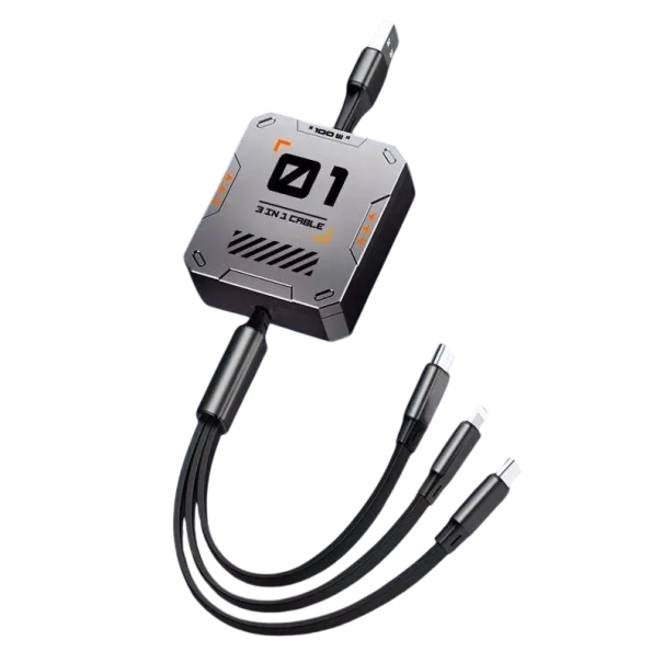 Behúzható USB kábel 3 az 1-ben 1,2 m Gyorstöltés 100 W USB - USB C + Lightning + Micro USB autós adatkábel Sokoldalú 2A narancs