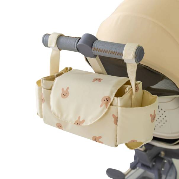 Beige Stroller Handlebar Bag with Side Pockets Embroidered Bunnies Storage Bag for Mums Organiser for Baby Accessories 1