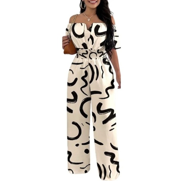 Beige Women's Jumpsuit with Patterns V-Neck Short Sleeves Long Trousers Lightweight Summer Cut Comfortable Polyester Material L