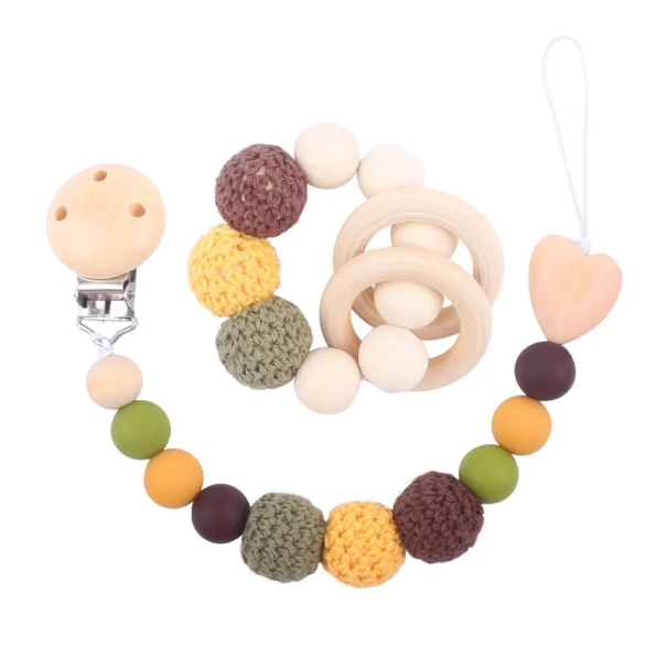 Beißring aus Silikon mit Schnullerkette Perlen aus Holz und Silikon Spielzeug für Babys von 0-36 Monaten Beruhigendes Armband und Beißring grün