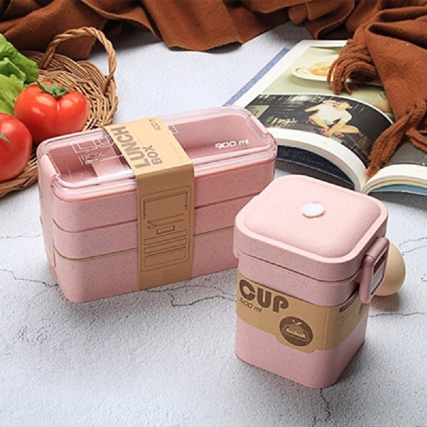 Bento box for food 900 ml and box for soup or drink 600 ml Set with fork and spoon Three-tier box with dividers Plastic and processed straw pink