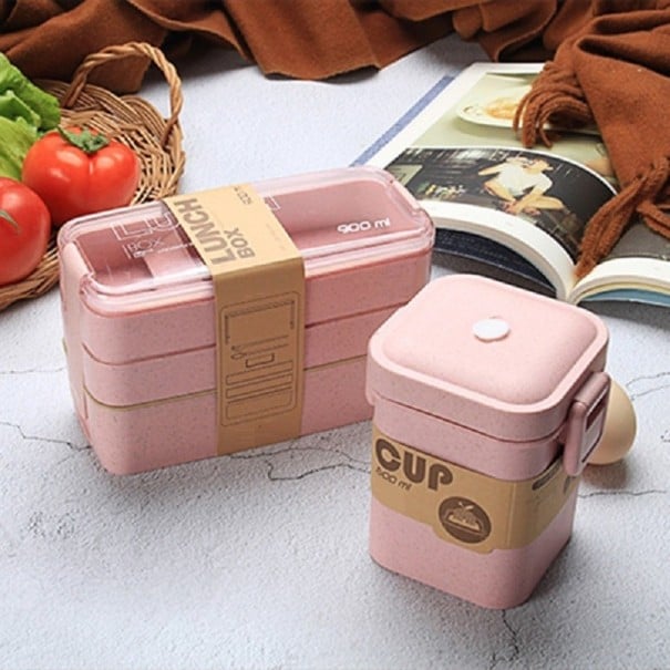Bento box na jedlo 900 ml a box na polievku alebo pitie 600 ml Sada s vidličkou a lyžicou Trojposchodový box s priečkami Plast a spracovaná ružová