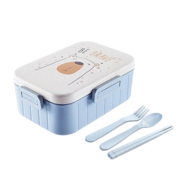 Bento box na jídlo s příborem a hůlkami Plastový box na oběd a svačinu s přepážkou Víko s klipy a obrázkem zvířátka 18,5 x 13,7 x 7,5 cm modrá