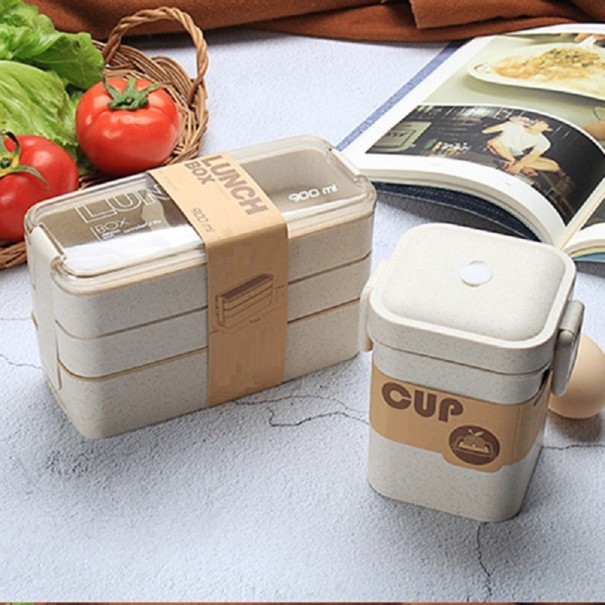 Bento voedseldoos met bestek 2 stuks beige