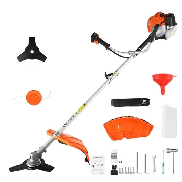 Benzin-Rasentrimmer 3 in 1, Fadenschneider für Gras und Unkraut 52 cm³ 2500 W, Zweitaktmotor, orange, Unkrautvernichter und Rasenkantenschneider