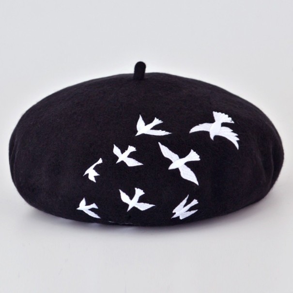 Béret de Inverno Feminino com Pássaros J2451 preto