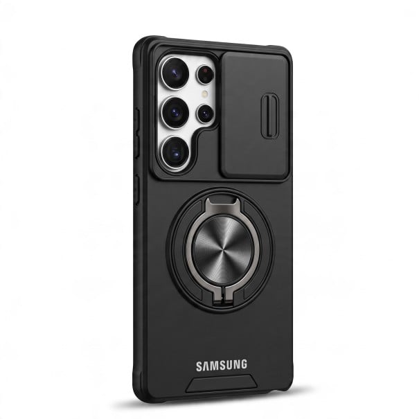 Beskyttelsesskal til Samsung Galaxy S25 Ultra Med glidende kameradæksel Cirkulært stativ Understøttelse af magnetisk opladning Etui sort