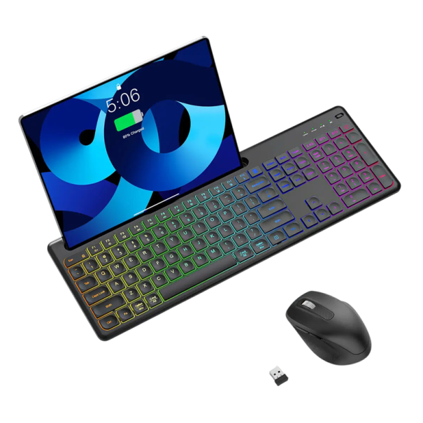 Bezdrátová anglická klávesnice a myš podsvícená s držákem na tablet 43,5x14,7cm 2,4G černá sada pro práci i domácnost 1