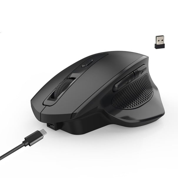 Bezdrátová herní myš 2400 DPI pro praváky s opěrkou palce USB přijímač 2,4 GHz Vestavěná baterie 600 mAh Šest tlačítek 122 x 87 x 49 mm 1