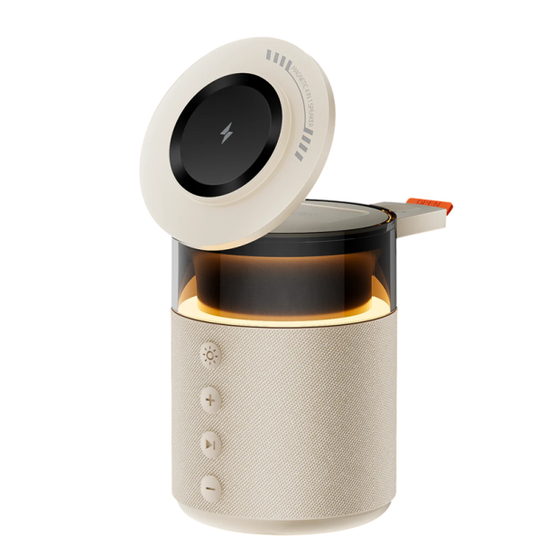 Bezdrátová magnetická nabíjecí stanice 5v1 15 W Bluetooth 6.0 USB-C reproduktor světlo s režimy pro nabíjení telefonu a hodinek bílá