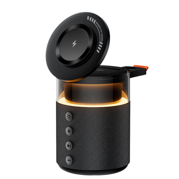 Bezdrátová magnetická nabíjecí stanice 5v1 15 W Bluetooth 6.0 USB-C reproduktor světlo s režimy pro nabíjení telefonu a hodinek černá