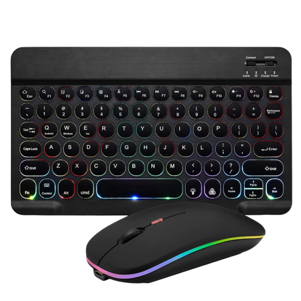 Bezdrátová mini klávesnice a myš Bluetooth set s RGB podsvícením a nabíjecí baterií pro tablet telefon i notebook do kanceláře a školy černá