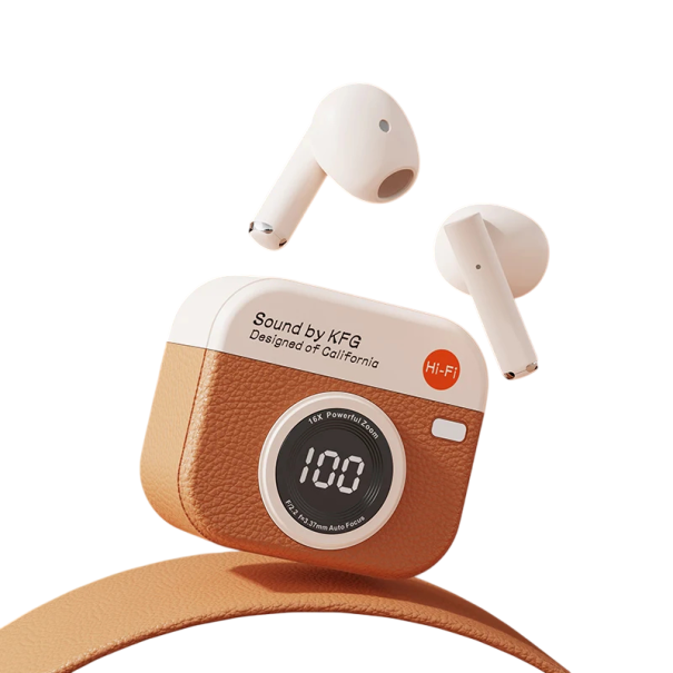 Bezdrátová sluchátka Q86 do uší TWS Bluetooth 5.3 LED displej Dynamický měnič Vodotěsná Pouzdro ve stylu retro fotoaparátu Hi-Fi zvuk hnědá