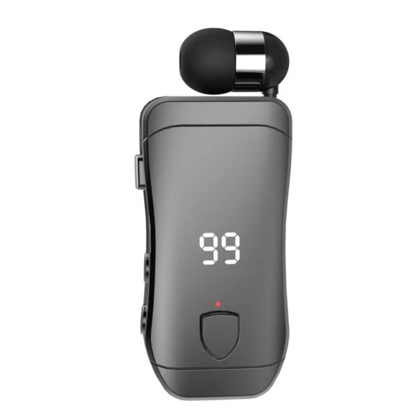 Bezdrátové business sluchátko s klipem výsuvný kabel LED displej baterie Bluetooth 5.3 výdrž 15 hodin nabíjení typu C pro hovory a hudbu tmavě šedá