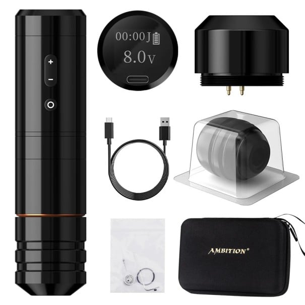 Bezdrátové tetovací pero Ambition Ninja Nova černé s jednou baterií bezkartáčový motor zdvih 4,0 mm 2000 mAh a LED displejem 1