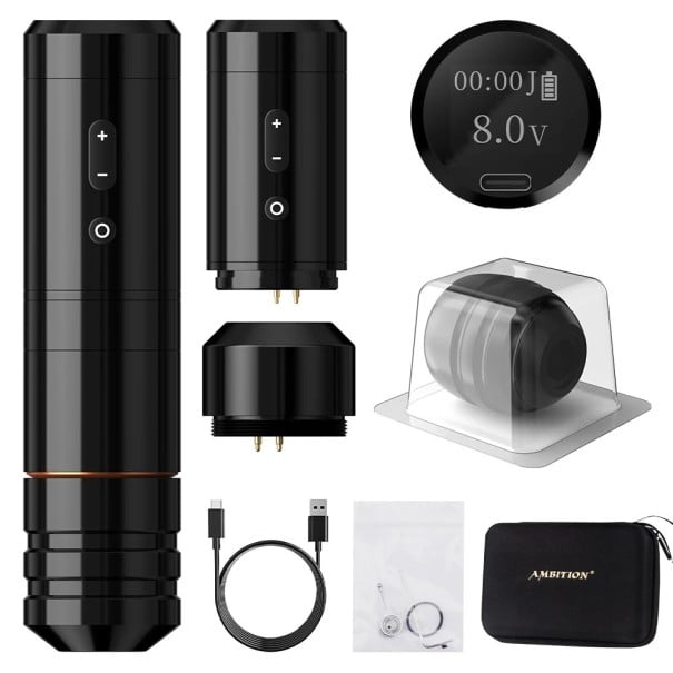 Bezdrátové tetovací pero Ambition Ninja Nova černé se dvěma bateriemi bezkartáčový motor zdvih 4,0 mm 2000 mAh a LED displej 1