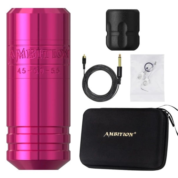 Bezdrátové tetovací pero Ambition Torped-36 s jednou baterií bezkartáčový motor zdvih 4,5-5,5 mm 2400 mAh pro tetování a stínování růžová