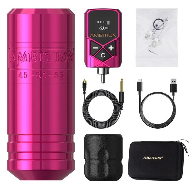 Bezdrátové tetovací pero Ambition Torped-36 se dvěma bateriemi bezkartáčový motor zdvih 4,5-5,5 mm 2400 mAh pro tetování a stínování růžová