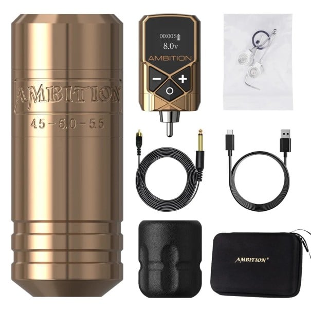 Bezdrátové tetovací pero Ambition Torped-36 se dvěma bateriemi bezkartáčový motor zdvih 4,5-5,5 mm 2400 mAh pro tetování a stínování zlatá