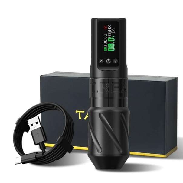 Bezdrátové tetovací pero T-REX V1 S s bezjádrovým motorem zdvih 3,5 mm 1600 mAh napětí 4-12 V a displejem pro tetování i stínování černá