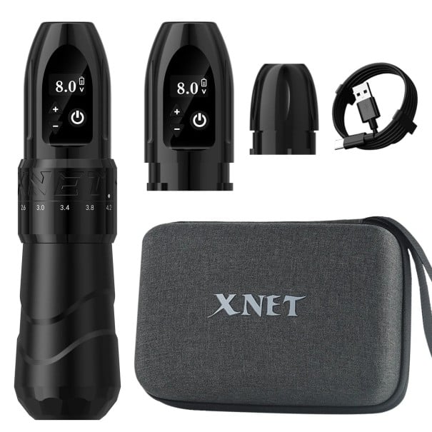 Bezdrátové tetovací pero XNET F2 se dvěma bateriemi nastavitelný zdvih 2,0-4,2 mm 9000 ot/min černé pro tetování a permanentní make-up 1