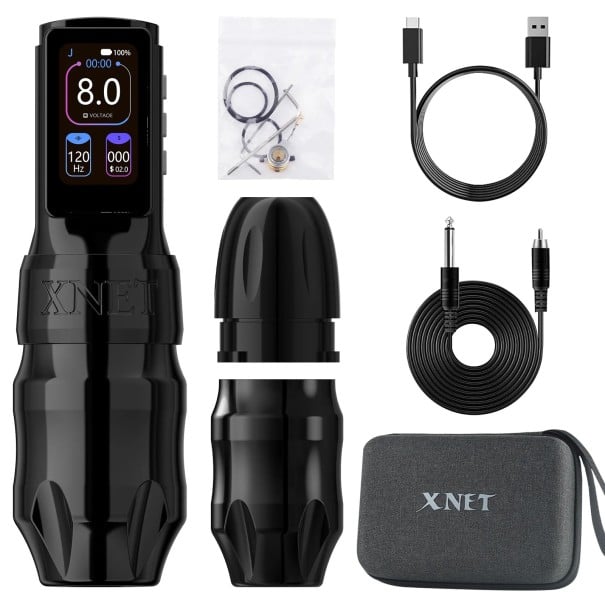 Bezdrátové tetovací pero XNET Titan Max s jednou baterií coreless motor zdvih 4,0 mm 2400 mAh hliník pro tetování a make-up černá