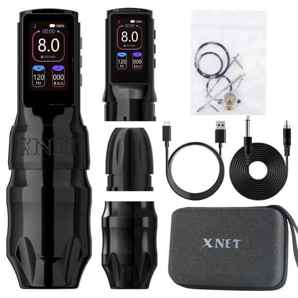 Bezdrátové tetovací pero XNET Titan Max se dvěma bateriemi coreless motor zdvih 4,0 mm 2400 mAh hliníkové tělo pro tetování černá