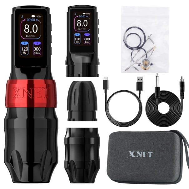 Bezdrátové tetovací pero XNET Titan Max se dvěma bateriemi coreless motor zdvih 4,0 mm 2400 mAh hliníkové tělo pro tetování červená