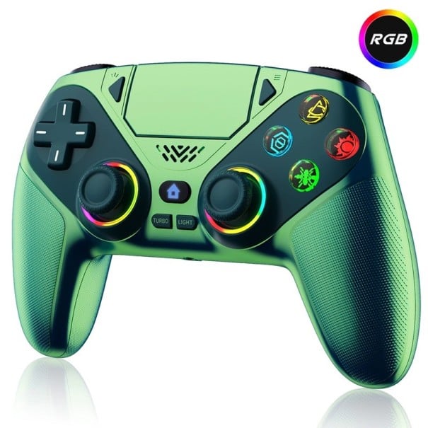 Bezdrátový herní ovladač modrofialový pro PS5/PC RGB podsvícení vibrační funkce programovatelná tlačítka zelená