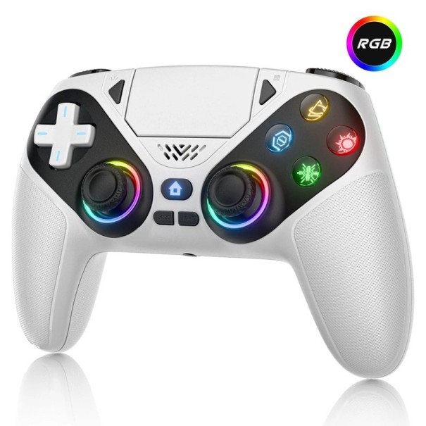 Bezdrátový herní ovladač pro PS5/PC RGB podsvícení vibrační funkce programovatelná tlačítka 3,5 mm konektor bílá