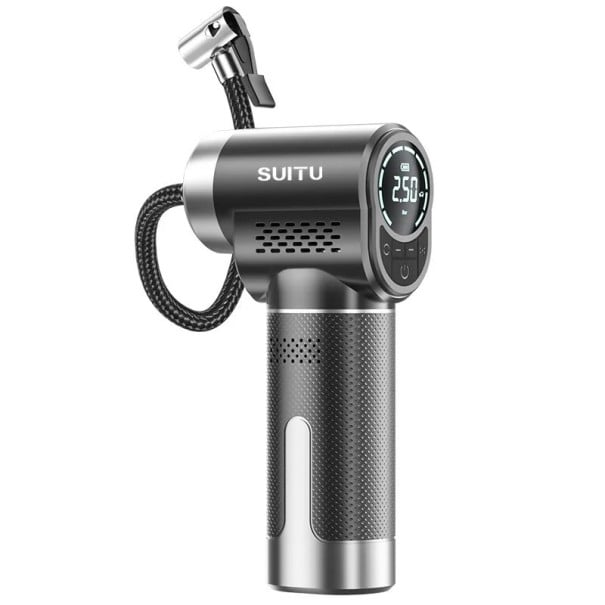 Bezdrátový kompresor do auta 150 PSI Hadice s kleštinou a LCD displej 9,4 x 5 x 18 cm Nabíjení přes USB-C LED světlo Na kolo i motorku 1