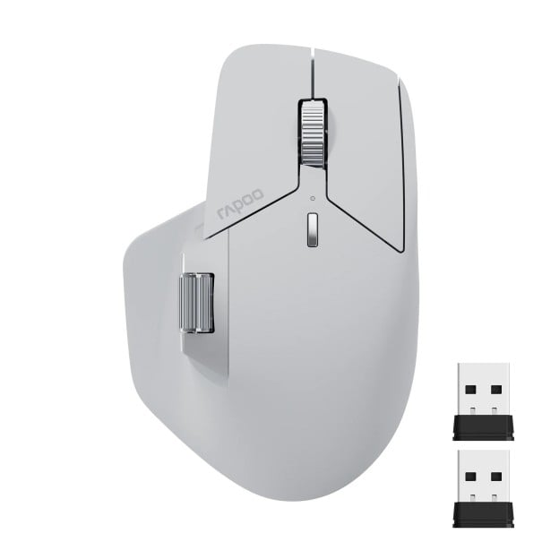 Bezdrôtová myš Rapoo MT760L Bluetooth dobíjacia 12,5×8,1×4,7 cm USB-A USB-C svetlo šedá pre kanceláriu i prácu s viacerými zariadeniami 1