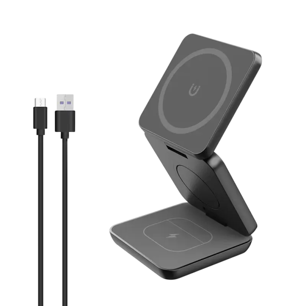 Bezdrôtová nabíjačka 3v1 magnetická skladacia stanica 15W rýchlonabíjačka USB A na USB C kábel nabíjania telefónu hodiniek slúchadiel čierna