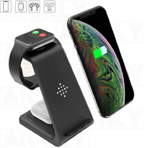 Bezdrôtová nabíjačka Qi 3 v 1 pre iPhone hodinky Apple Watch a slúchadlá AirPods Čierny stojan s celkovým výkonom 10 W Konektor USB-C 1