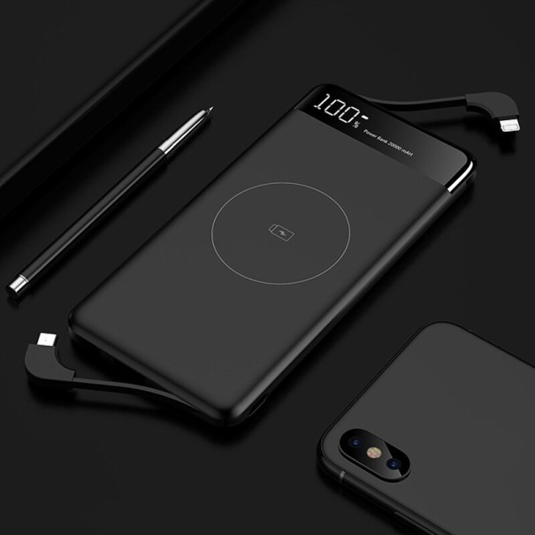 Bezdrôtová PowerBank s vstavanými káblami 10000 mAh čierna